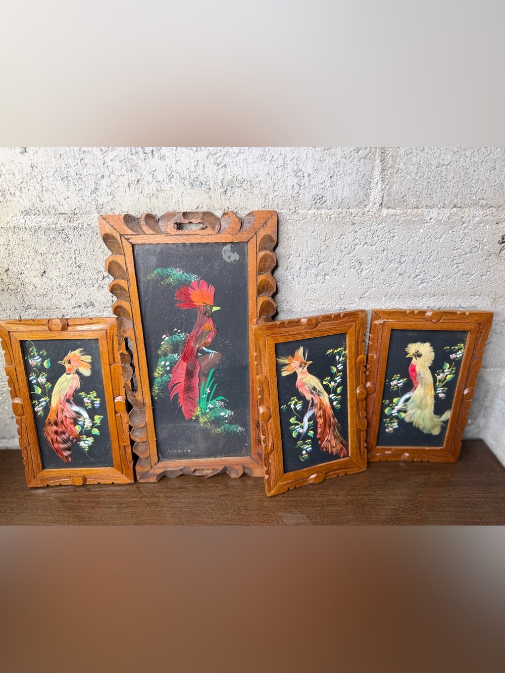 Vintage Mexican Feather Art Set of 4 Carved Frames Hecho En Mexico